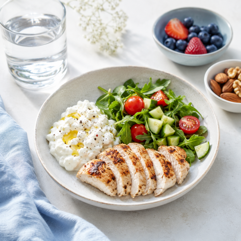 Μικρό θρεπτικό γεύμα με κοτόπουλο, cottage cheese, σαλάτα, φρούτα, ξηρούς καρπούς και νερό για διατροφή κατά τη διάρκεια θεραπείας με GLP-1