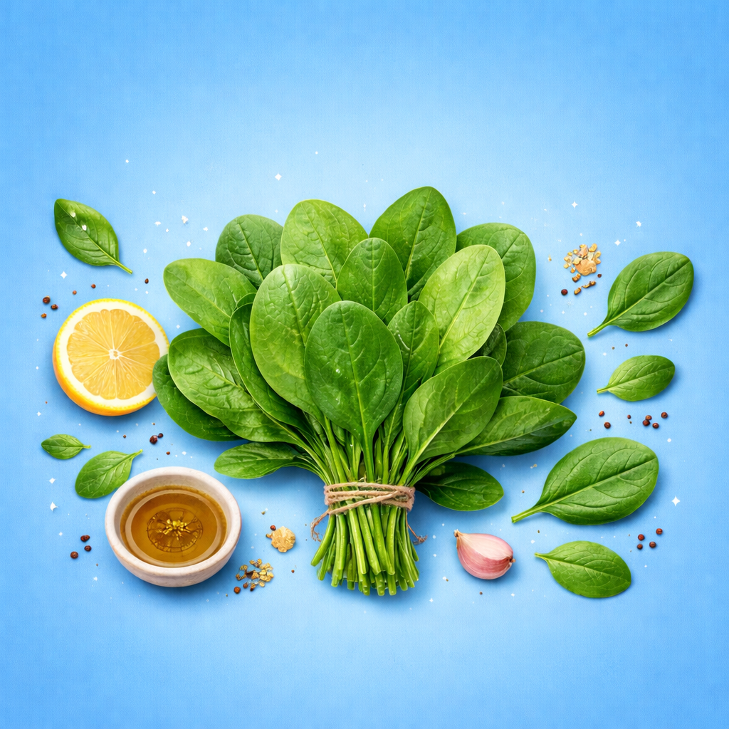 Φρέσκο σπανάκι σε ξύλινη επιφάνεια, θρεπτικό λαχανικό με υψηλή περιεκτικότητα σε βιταμίνες, μέταλλα και φυτικές ίνες για υγιεινή διατροφή.