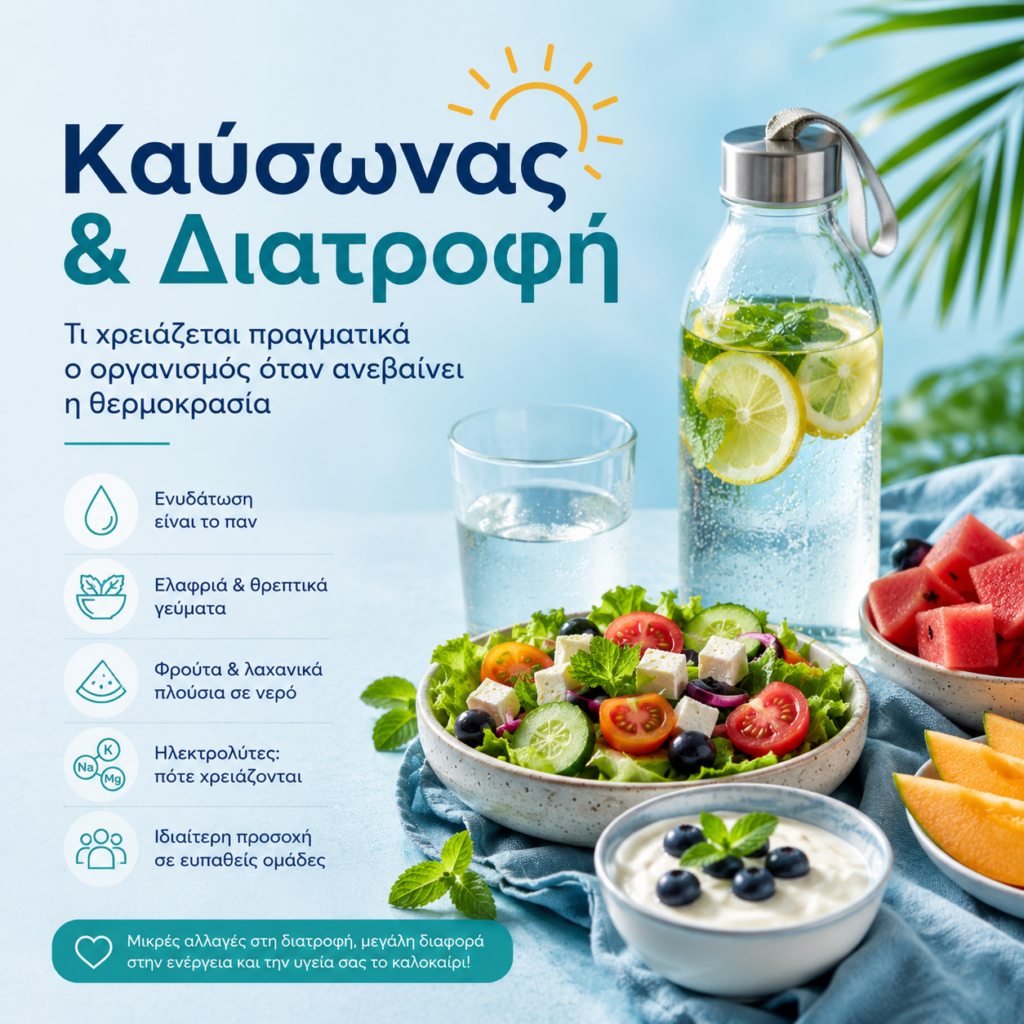 Σωστή διατροφή και ενυδάτωση κατά τη διάρκεια του καύσωνα.