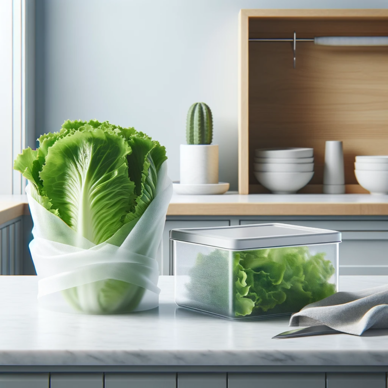 A minimalistic and photorealistic image of a well-lit kitchen counter showcasing a single type of lettuce, possibly Romaine, elegantly arranged and partially wrapped in a damp paper towel. Beside the lettuce is a simple, clear airtight container. The background is clean and uncluttered, with a subtle light blue color theme, conveying a sense of freshness, health, and efficient storage. The composition embodies a modern, minimalist style in food photography.