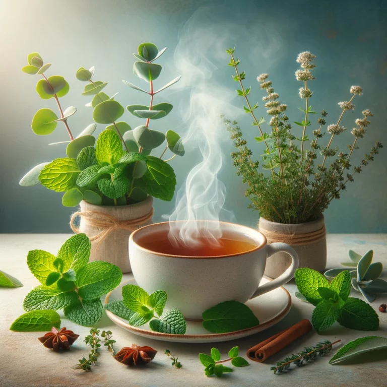 Άνετο περιβάλλον με ένα αχνιστό φλιτζάνι τσάι από βότανα που περιβάλλεται από φρέσκια μέντα, ευκάλυπτο, θυμάρι και φύλλα φασκόμηλου, κάτω από απαλό φυσικό φωτισμό. Το γαλήνιο γαλάζιο φόντο προκαλεί μια αίσθηση ηρεμίας και ευεξίας, αντανακλώντας την ηρεμία και το φυσικό θεραπευτικό θέμα της ανάρτησης ιστολογίου