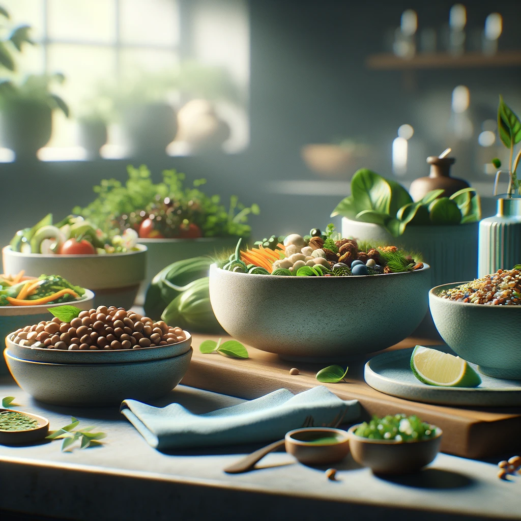 Close-up view of a few vegetarian dishes on a kitchen counter, featuring a fresh vegetable salad, a grain bowl, and a legume-based dish. Light blue decorative elements, such as a napkin and a small vase, complement the meal, emphasizing a modern and health-conscious lifestyle. The detailed textures and vibrant colors of the food are in sharp focus, with the background softly blurred to highlight the dishes' natural beauty and deliciousness.