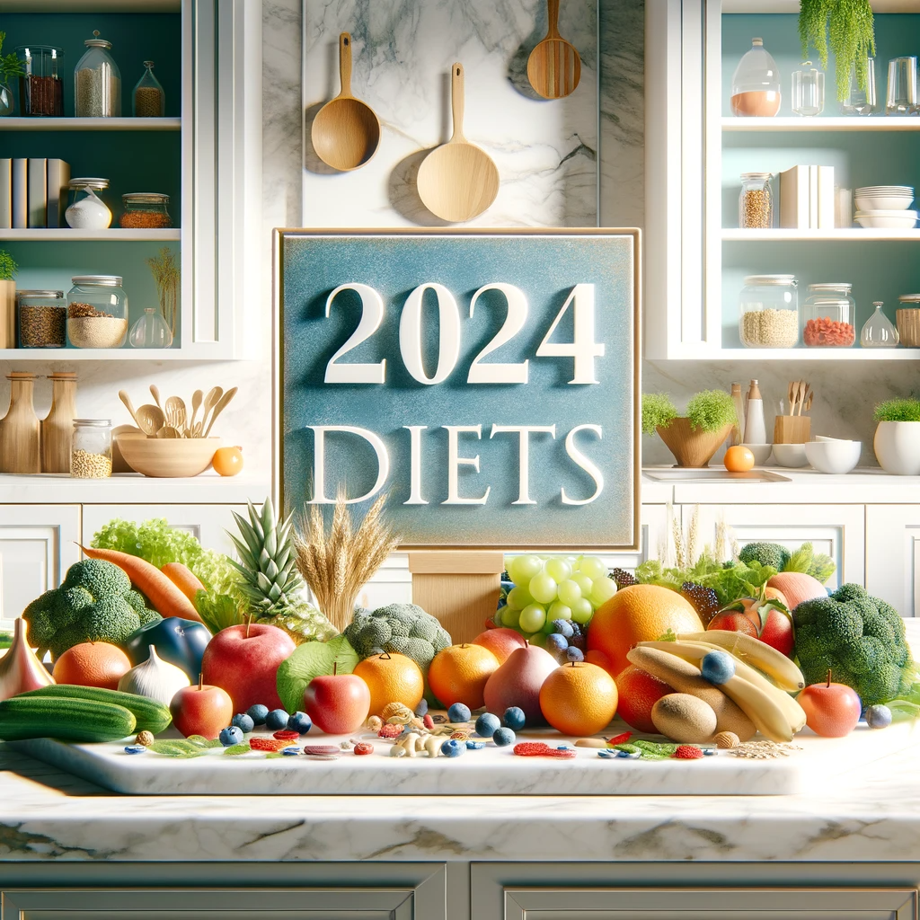 Photorealistic image of a modern kitchen countertop displaying a vibrant and balanced assortment of healthy foods including fresh fruits, vegetables, whole grains, and lean proteins. In the foreground, there's a sign with '2024 Diets' written in an elegant, clear font. The image exudes freshness and healthiness, with a light blue color accent subtly present, aligning with a clinic's brand identity and emphasizing a contemporary, health-conscious theme.