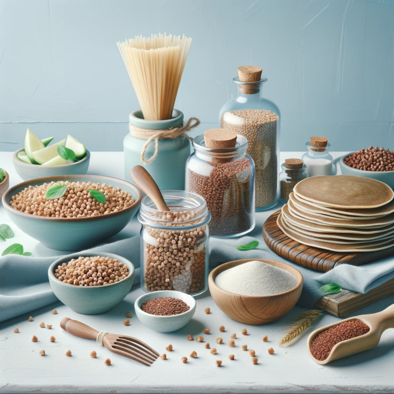 Square, photorealistic image of buckwheat presented in various forms, including whole groats, flour, soba noodles, and pancakes on a wooden table. The composition is clean and minimalistic with a light blue aesthetic, featuring fresh vegetables and cooking utensils, embodying a home-cooked and wholesome vibe. The image conveys a sense of health and freshness, aligning with a dietetic clinic's brand.