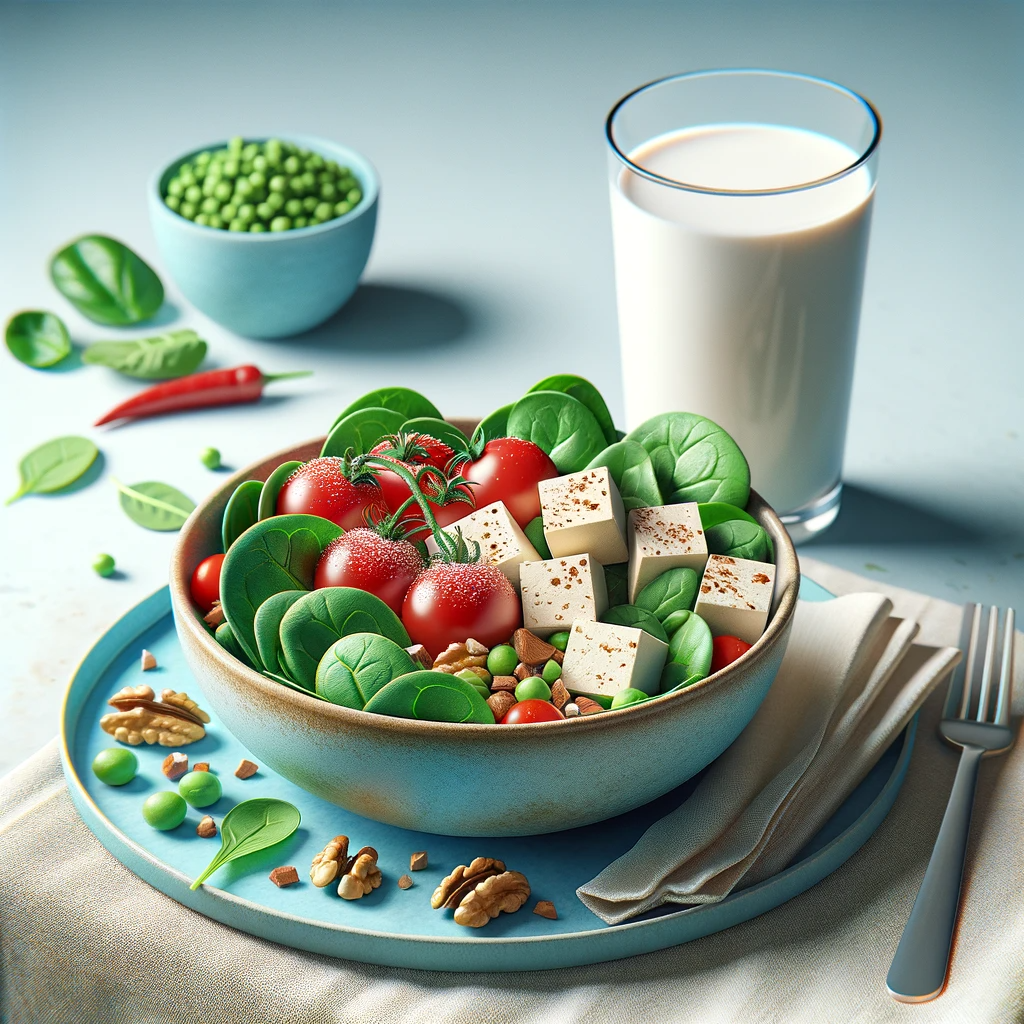 "Photorealistic image of a vegetarian meal featuring a colorful salad with fresh spinach leaves, ripe cherry tomatoes, and crushed walnuts, a side of cubed fortified tofu, and a glass of fortified plant-based milk. The vibrant colors include green spinach, red tomatoes, and creamy white tofu and milk, set against a light blue background.