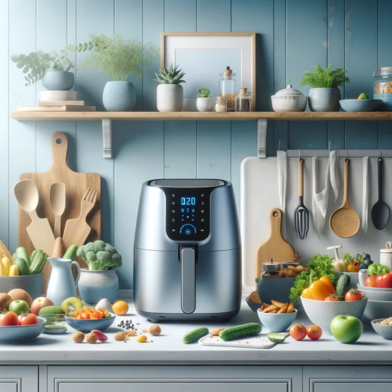 A modern kitchen scene with light blue accents, featuring a sleek air fryer on the countertop surrounded by an assortment of healthy ingredients including vegetables, fruits, and whole grains, embodying a sense of health, wellness, and the joy of cooking with an air fryer for balanced eating.
