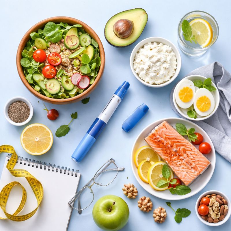 Φωτορεαλιστική εικόνα με ενέσιμη πένα GLP-1 και υγιεινά τρόφιμα σε ανοιχτό μπλε φόντο