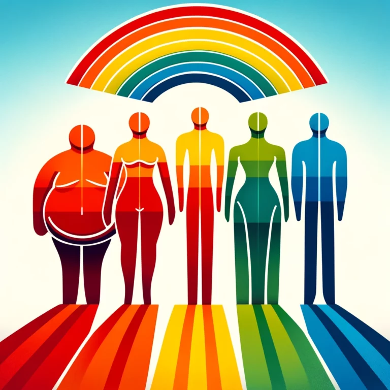 Iconic Figures Representing Different Body Sizes At The Base Of A Rainbow