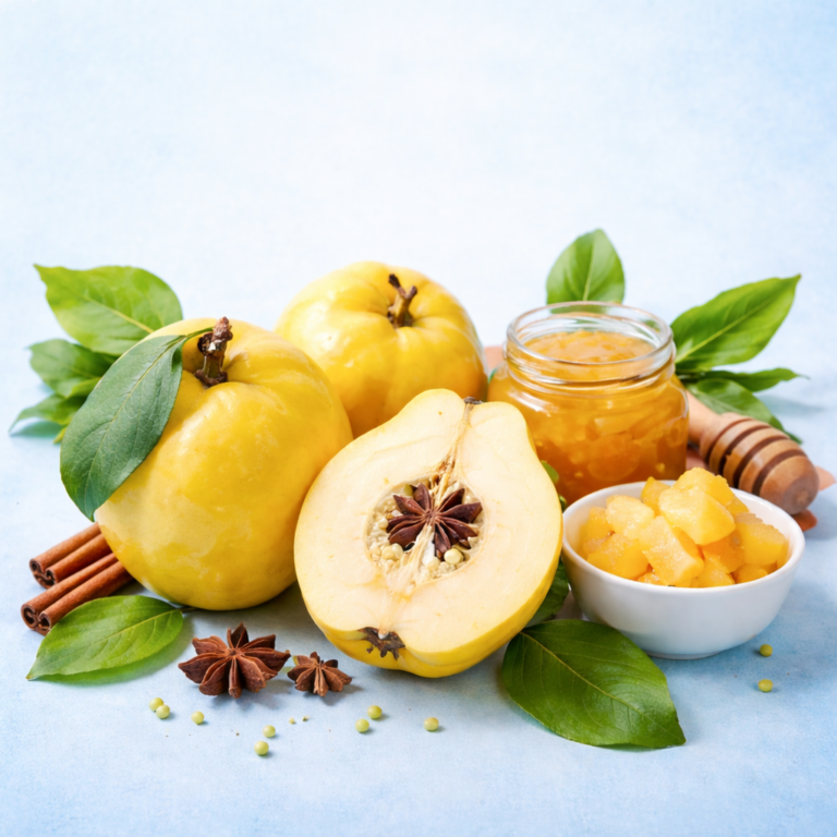 Φρέσκα κυδώνια με πουρέ και κομπόστα σε ανοιχτό μπλε φόντο, ιδανικά για υγιεινή διατροφή