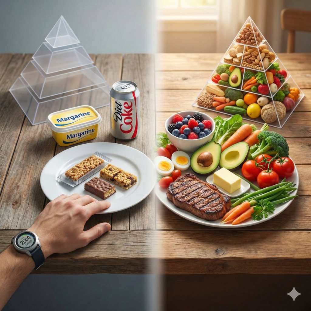Δίπτυχη εικόνα που συγκρίνει τις παλιές διατροφικές συνήθειες (επεξεργασμένες μπάρες, μαργαρίνη, μετρητής θερμίδων) με τις νέες οδηγίες του USDA 2026 που εστιάζουν στο πραγματικό φαγητό (μπριζόλα, αυγά, αβοκάντο, βούτυρο, λαχανικά).