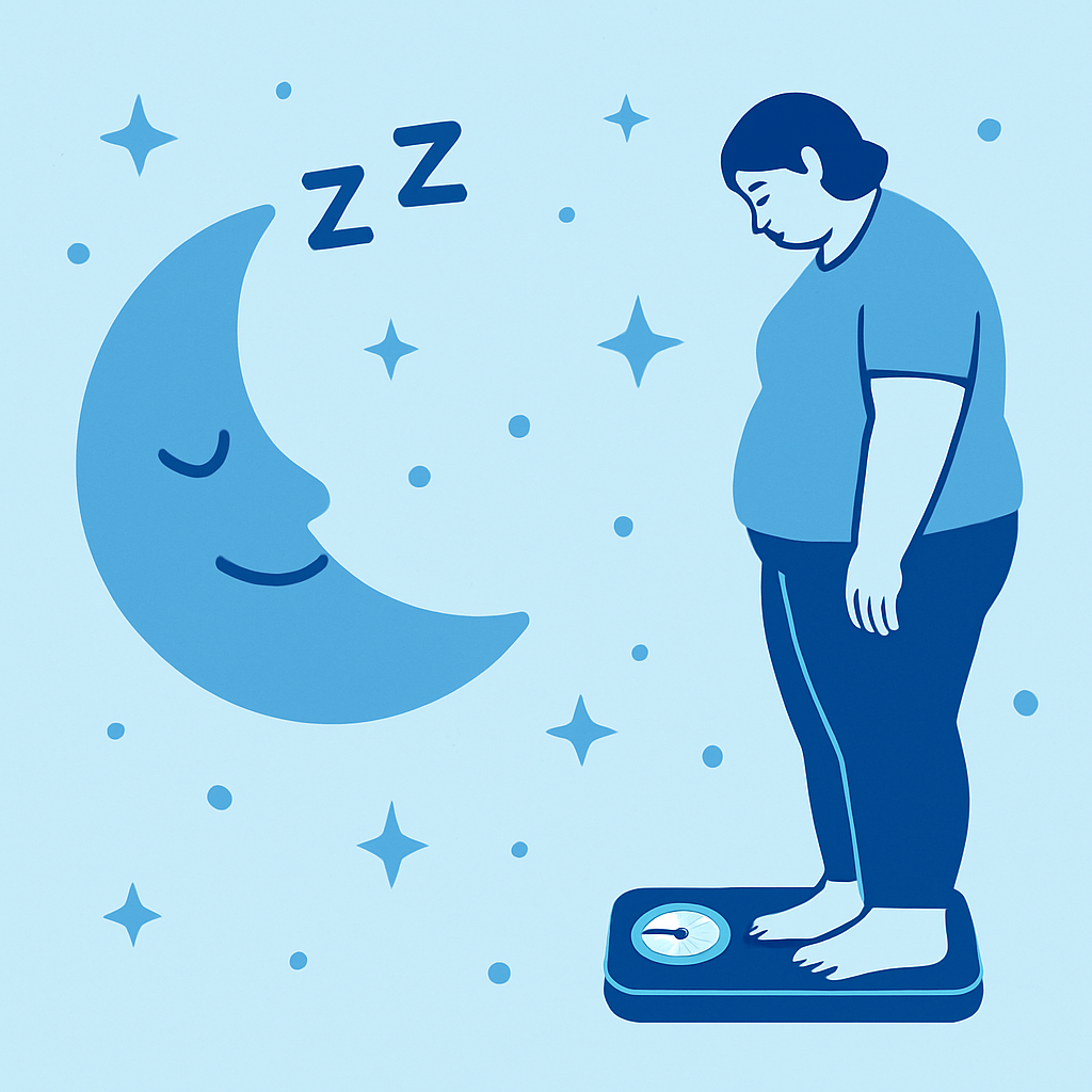 Μπλε εικονογράφηση με σύμβολα ύπνου, σελήνη, ζυγαριά και τρόφιμα, που δείχνει τη σχέση ύπνου και βάρους.