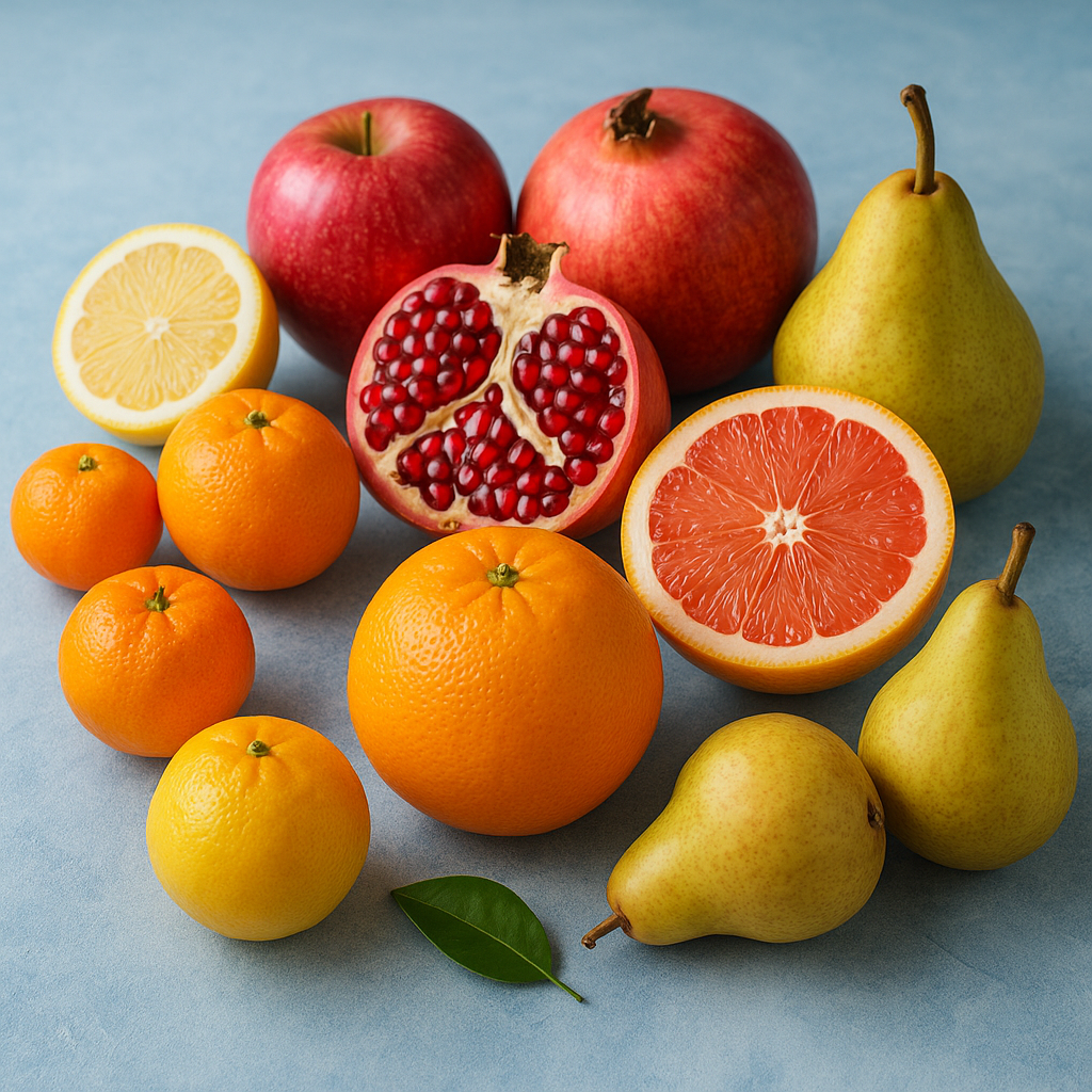 Χειμερινά φρούτα: πορτοκάλια, μανταρίνια, μήλα, ρόδι, αχλάδια και γκρέιπφρουτ πάνω σε ανοιχτό μπλε φόντο.